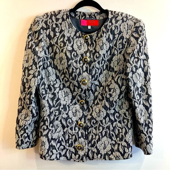UNGARO Sz 14 Lacey Floral  Padded Shoulder Lined Wool Blend Vintage Blazer - Picture 1 of 9